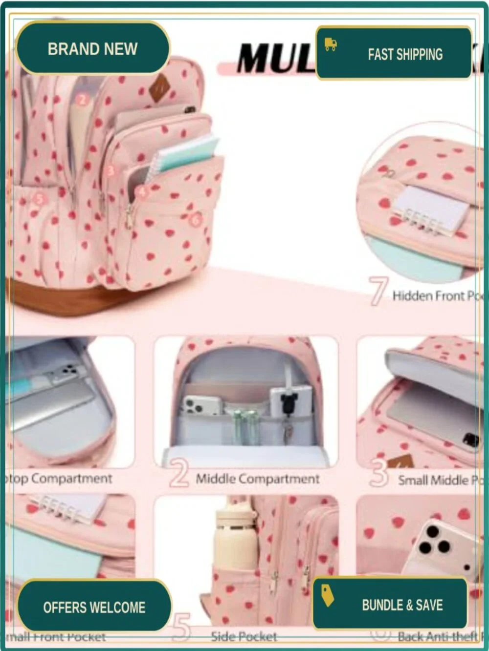 Girls School Backpack Set with Lunch Bag Pencil Case, Laptop Compatible,